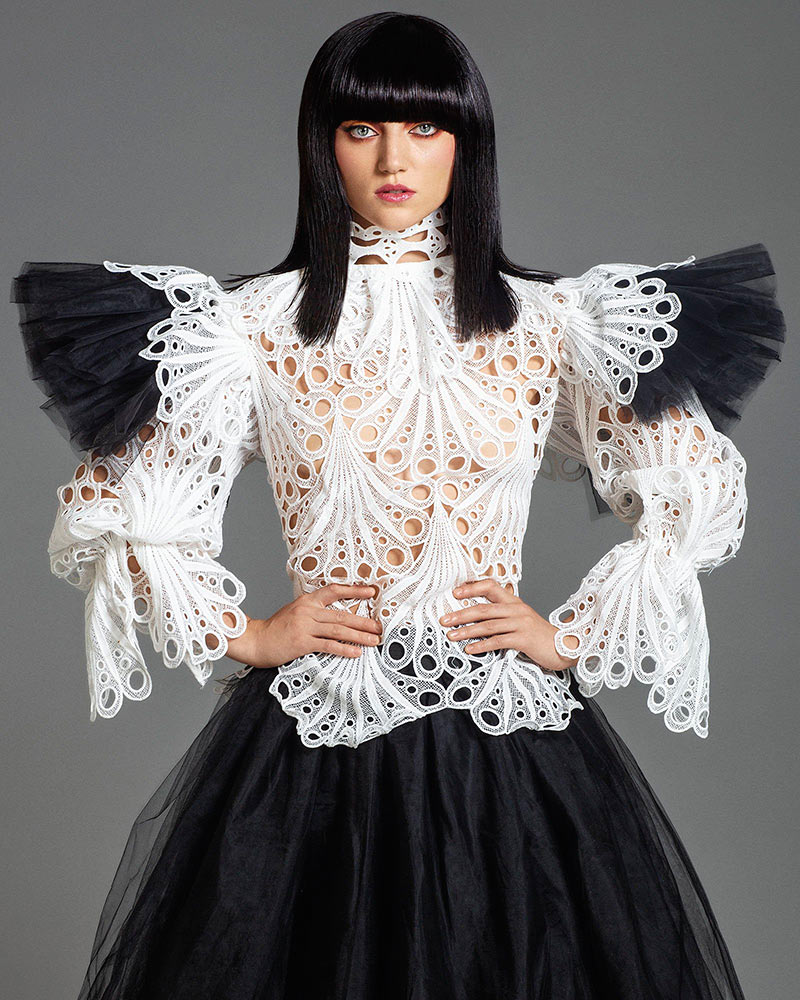 Lisbet Collection by Robert Kirby London long black hair white lace feather dress